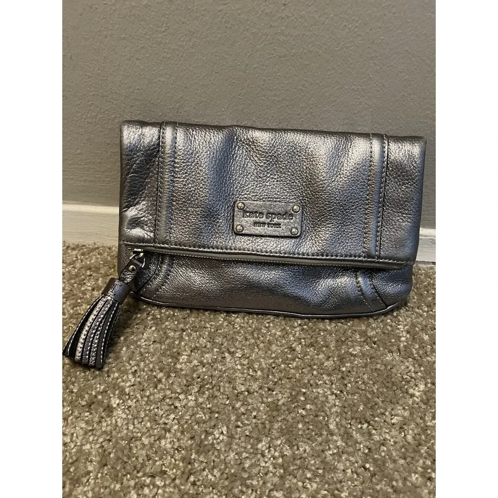 Kate Spade New York Metallic Leather Pewter Bag Shoulder Chain Strap/clutch Y2k